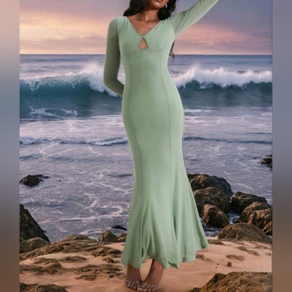 Solid Color Knit Mesh V-Neck Long Sleeve Fitted Maxi Mermaid Dresses For Women - Picture 1 of 5